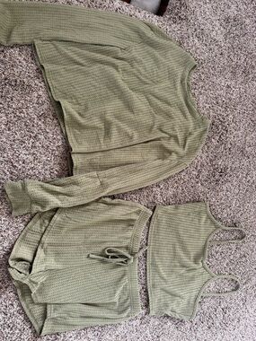 Olive Green Waffle Knit Loungewear Set - Top, Shorts, Crop Tank